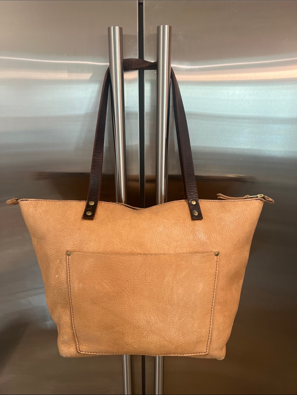 Portland leather goods zipper Classic Tan Leather Tote with Dark Brown Straps